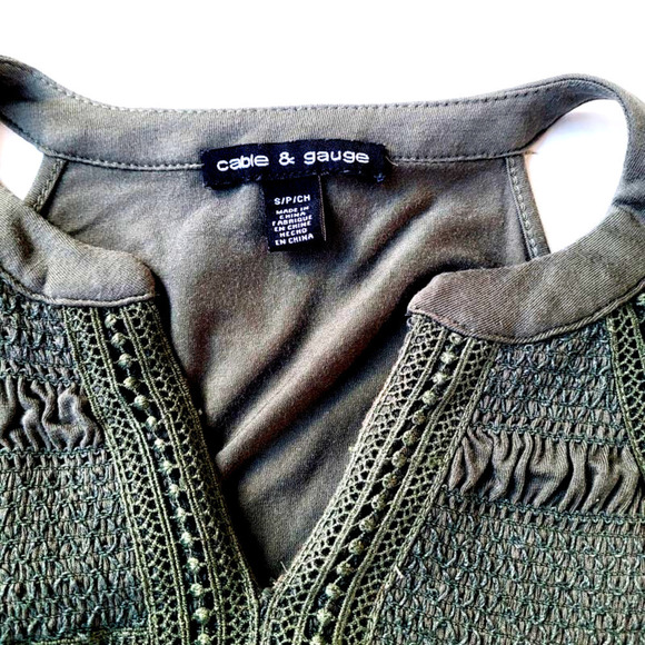 Cable & Gauge Small Crochet Yoke V Neck Tank Top Olive Green - Picture 5 of 6